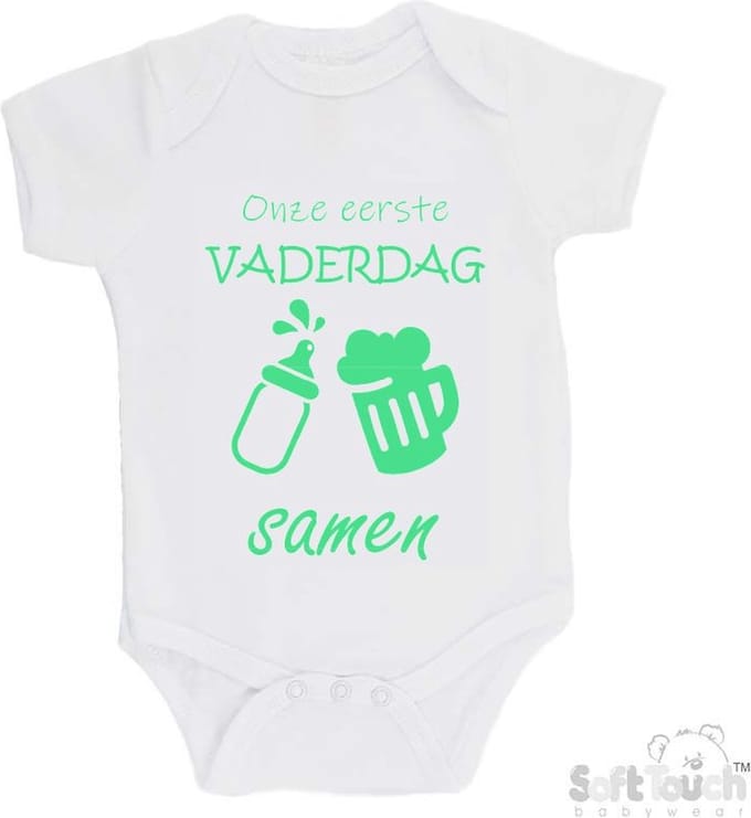 100% katoenen Romper "Onze eerste vaderdag samen" Unisex Katoen Wit/mint Maat 62/68