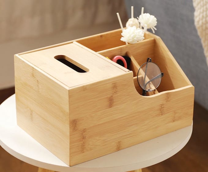 Tissue box Bamboe met 4 extra opbergvakken - zakdoekendoos - tissuehouder hout - tissuedoos - tissue box met vakken