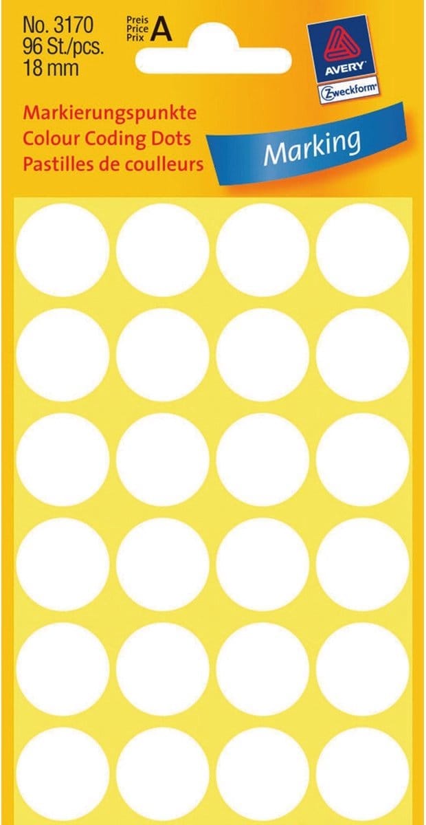 Etiket avery 3170 rond 18mm wit 96st | 10 stuks