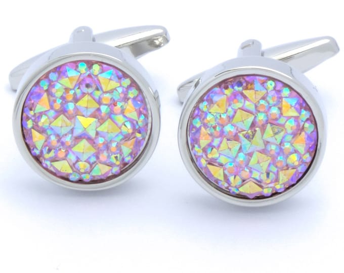 Manchetknopen - Zilver Kristal Roze Glinsterend Rond
