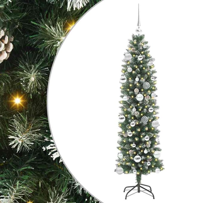 vidaXL Kunstmatige slanke kerstboom Groen en Wit 150 cm
