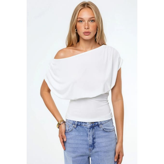 Asymmetrische Hals Korte Mouw Gebreide Blouse