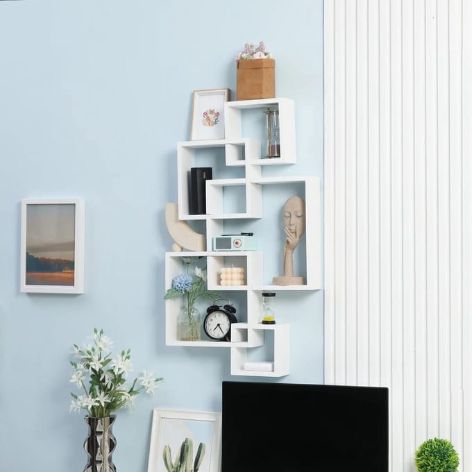 Pugsdrly Wandrek, zwevend rek, 5 planken, massief hout, wit