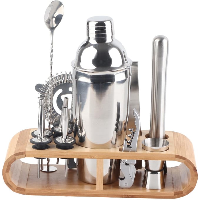 11-delige set roestvrijstalen cocktailshaker mixer drank bartender martini tools barset met hout gray