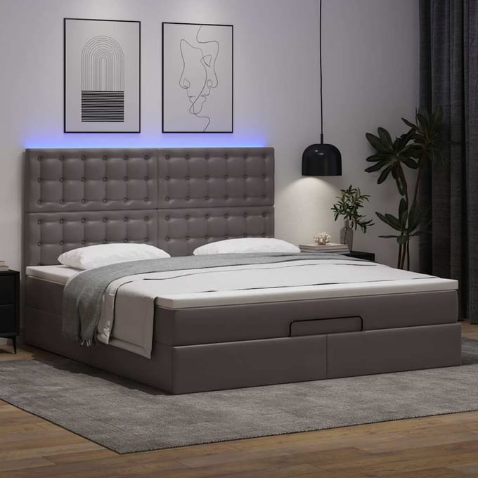vidaXL - Ottoman - bed - met - matras - en - LED's - 180x200cm - kunstleer - grijs