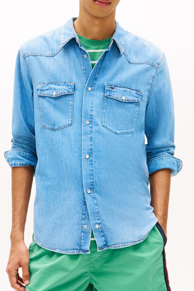 Tommy Hilfiger Regular Western Denim Light Größe: L | Casual hemden Outlet | Herren | Blau