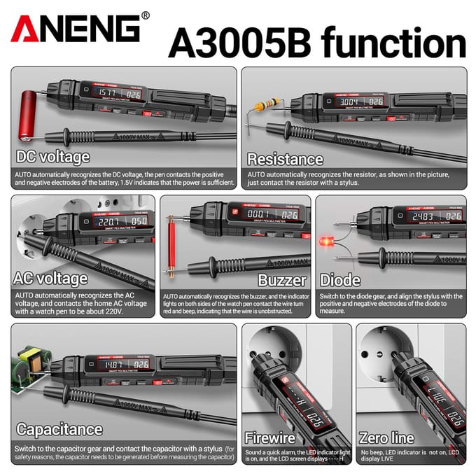 ANENG A3005AB Digitale Intelligente Professionele Multimeter Sensor Pen Fasevolgorde Tester AC zwart