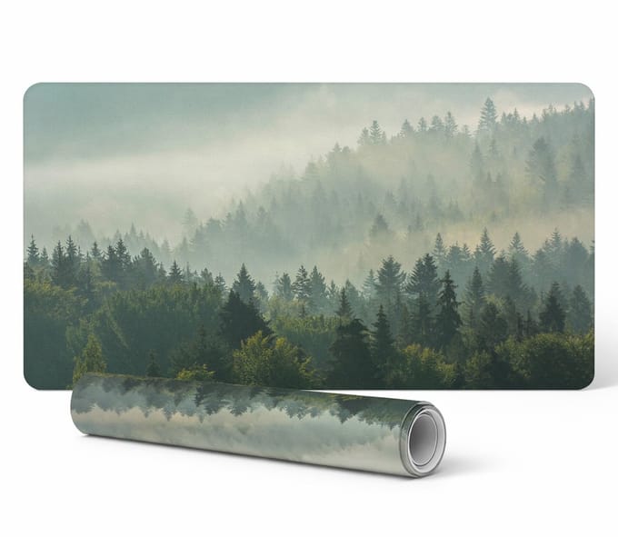 Antislip bureauonderlegger met afbeelding van een mistig bos bij zonsopgang, 120x60 cm