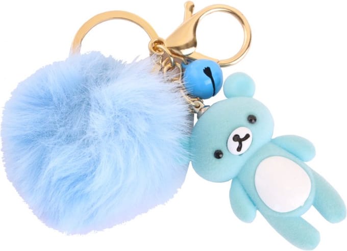 Sleutelhanger teddybeer met pompon - Lichtblauw