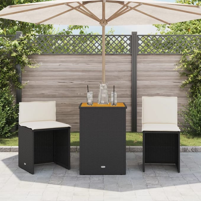 vidaXL - 3-delige - Bistroset - met - kussens - poly - rattan - zwart