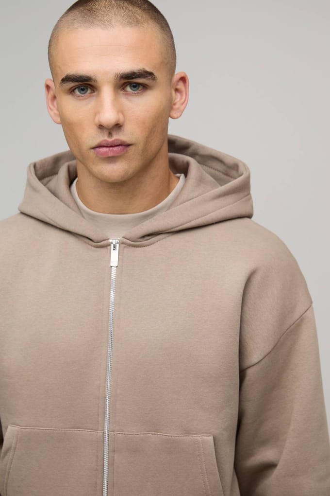 Essential Shrunken Boxy Zip Through Hoodie | Taupe | Size Small