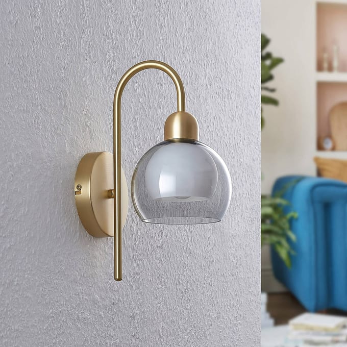 Lucande - wandlamp - 1licht - Ijzer, glas - H: 30 cm - E14 - messing, rookgrijs, wit