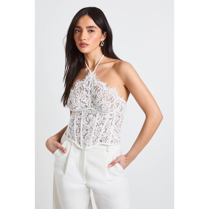 boohoo Dames Korset Haltertop Met Geschulpte Kanten Rand | Ivoor | Maat: 38