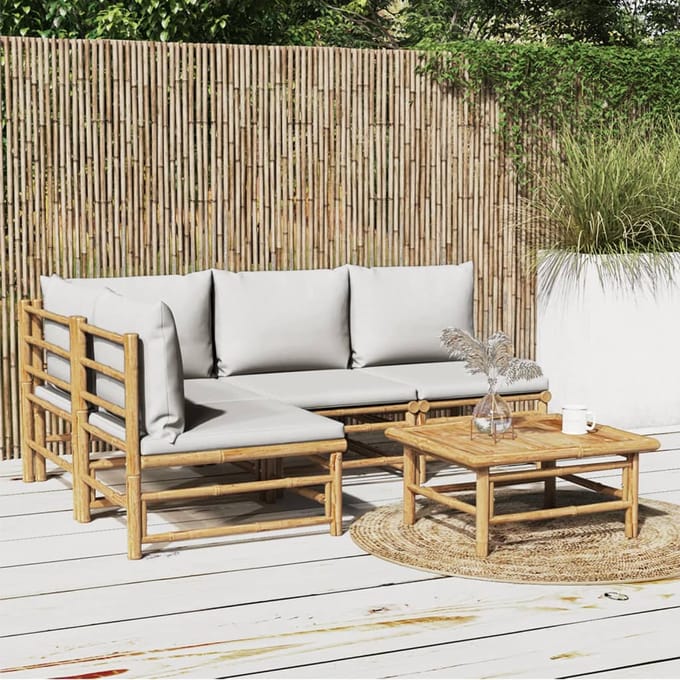 vidaXL - 5-delige - Loungeset - met - kussens - bamboe - lichtgrijs