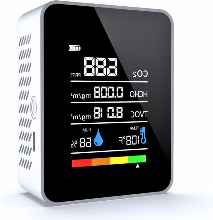 Luchtkwaliteit Meter - CO2 Detector - Binnenmilieu Meten - 5-in-1 Functionaliteit - Compact Formaat - Wit