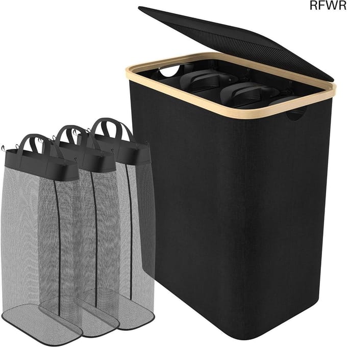 RFWR® Wasmand met 3 vakken en bamboe frame - 140L opvouwbare wassorteerder