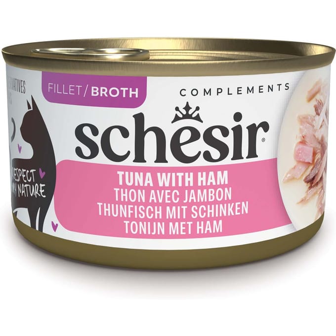 12x 70g Schesir Complements in Brühe Thunfisch mit Schinken Katzenfutter nass