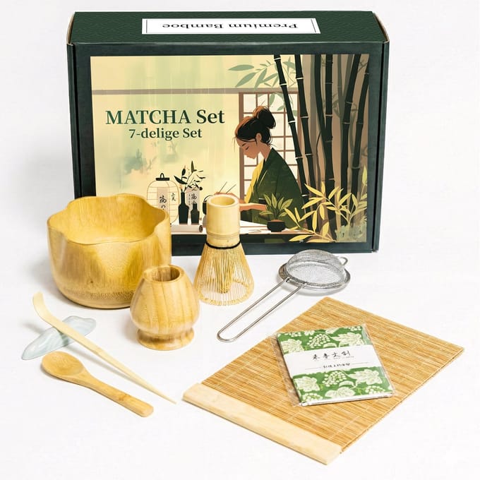 Luxe Bamboe Matcha Set – 7-delig – Matcha Starterkit – Matcha Thee - Matcha Kom – Matcha Klopper – Matcha Whisk – Matcha Box