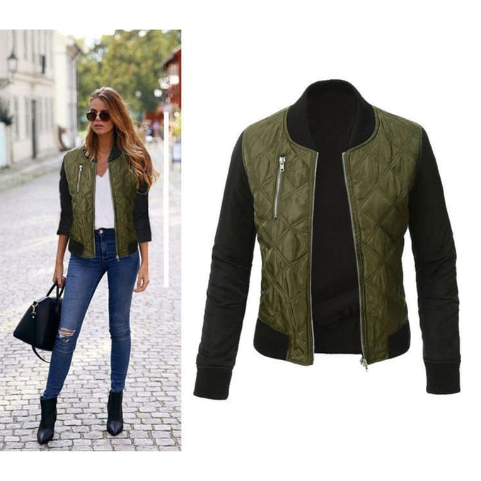 Herfst Winter Dames Basic Rits Gewatteerde Bomberjack Jas XL groen