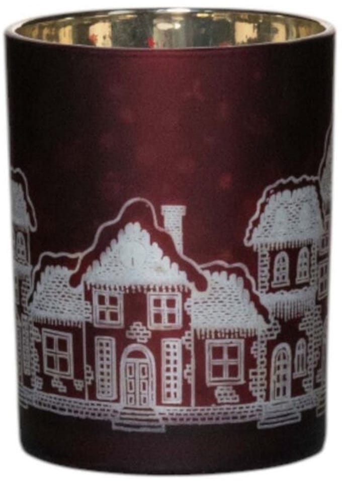 Theelichthouder - huizen - rood - medium - 12cm - Waxinelicht