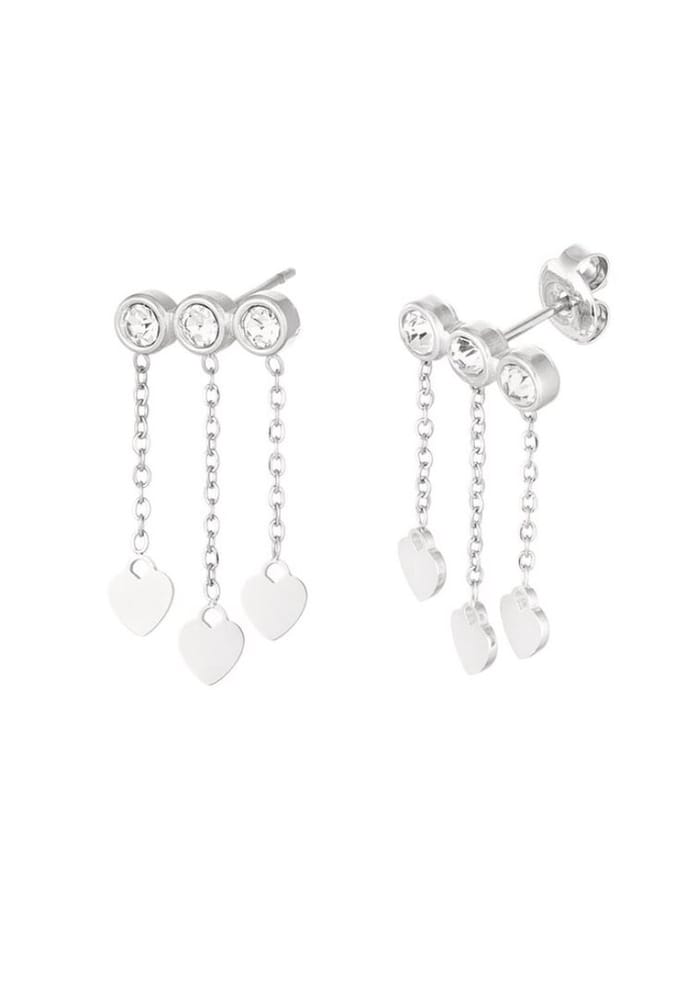 Oorbellen hartjes & steentjes - zilver/wit Stainless Steel