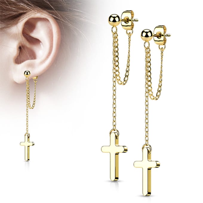 Oorbellen dubbele ketting hanger met kruis - goud - LMPiercings