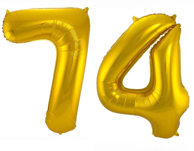 Folieballon 74 jaar - Goud - 86 cm