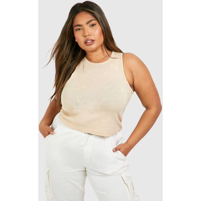 boohoo Dames Plus Washed Geribbelde Racer Vest | Taupe | Maat: 56