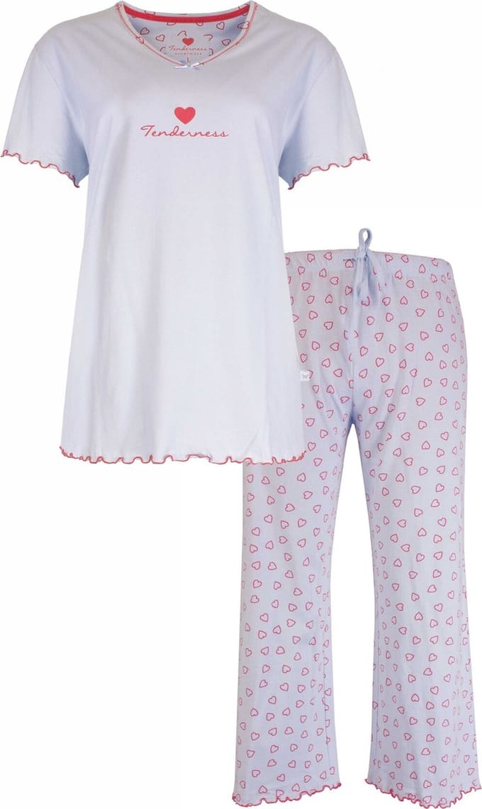Tenderness Dames Pyjama Set - Hartjes print - Licht Blauw - Maat S