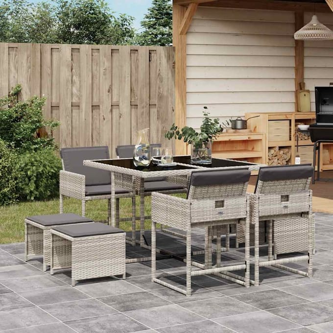 vidaXL - 9-delige - Tuinset - met - kussens - poly - rattan - lichtgrijs