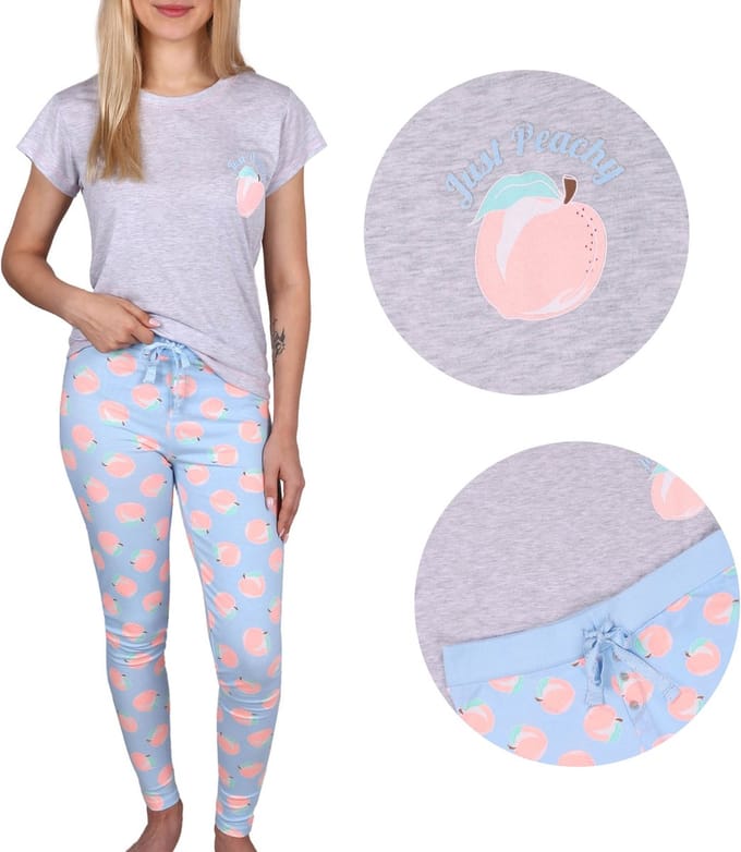 Damespyjama grijs en blauw perzik, lange broek