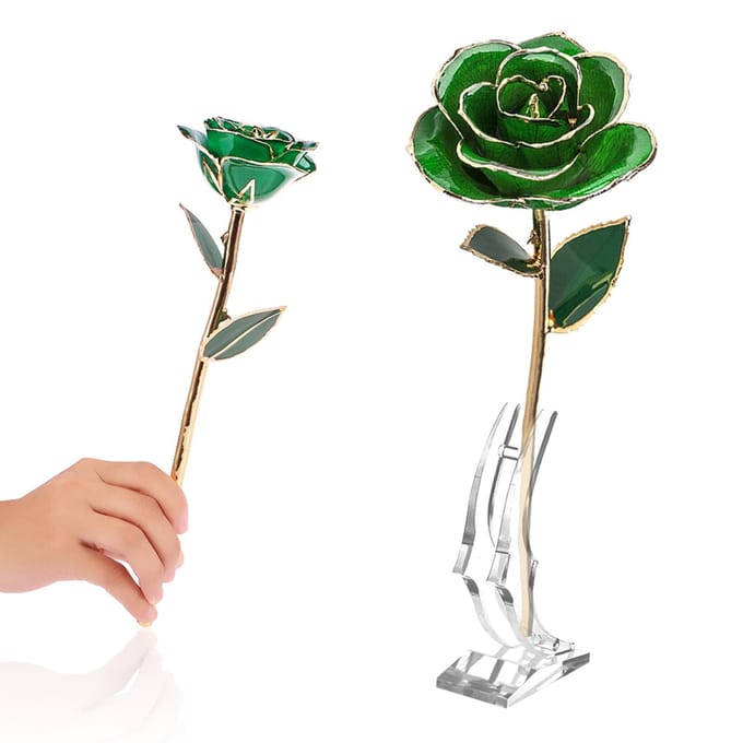 Forever Green Roos 24K Echte Kunstbloem met Blad en Basis Ambachtelijke Decoraties pink
