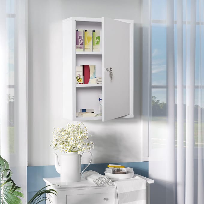 REDOM - Medicijnkast - Afsluitbaar - Wandmontage - Staal - Wit - 40 X 18 X 60 Cm