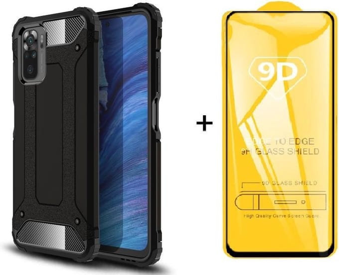 Xiaomi Redmi Note 10 4G / Note 10S silicone TPU hybride zwart hoesje + full cover glas screenprotector