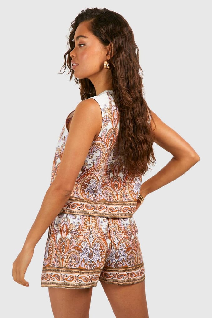boohoo Dames Paisley Print Linen Look Tie Front Crop | Cream | Maat: 6