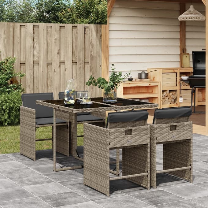 vidaXL - 5-delige - Tuinset - met - kussens - poly - rattan - grijs