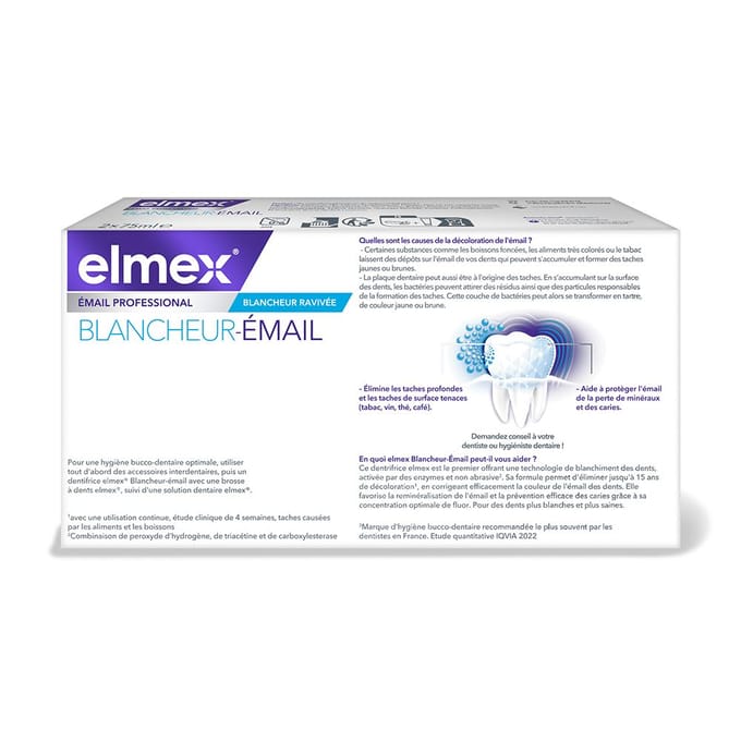 Dentifrice - ELMEX - Blancheur Email - 2x75ml - Élimine décoloration - Reminéralise l'émail