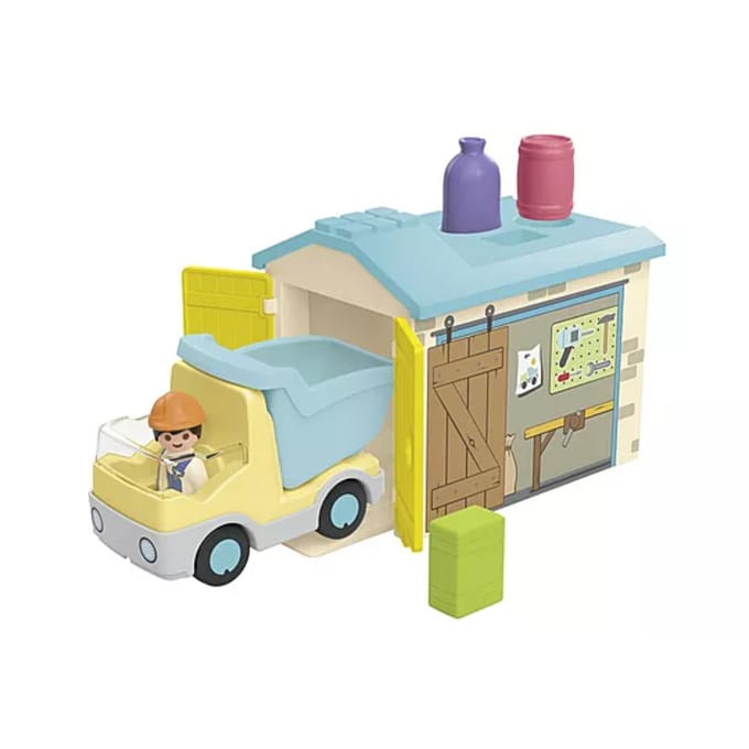 Simulatiespellen, arbeider en vrachtwagen en garage Playmobil