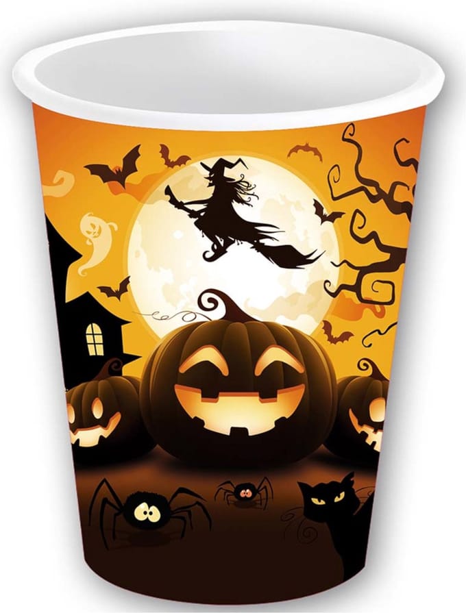 Fiestas Guirca Halloween/horror pompoen feest bekers - 6x - zwart - papier - 240 ml