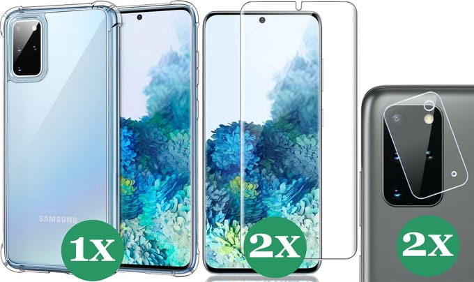 Hoesje geschikt voor Samsung Galaxy S20 Plus - 2x Screenprotector & 2x Camera Screen Protector - Transparant Shock Case
