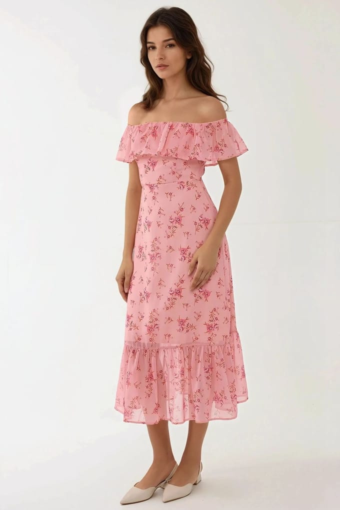 Off-shoulder bloemenpatroon bodycon midi-jurk