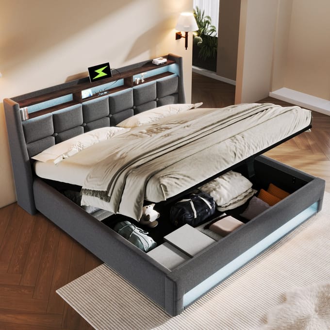 MODFU Bedframe 140x200 cm – grijs linnen – vintage design met LED, USB en opbergruimte