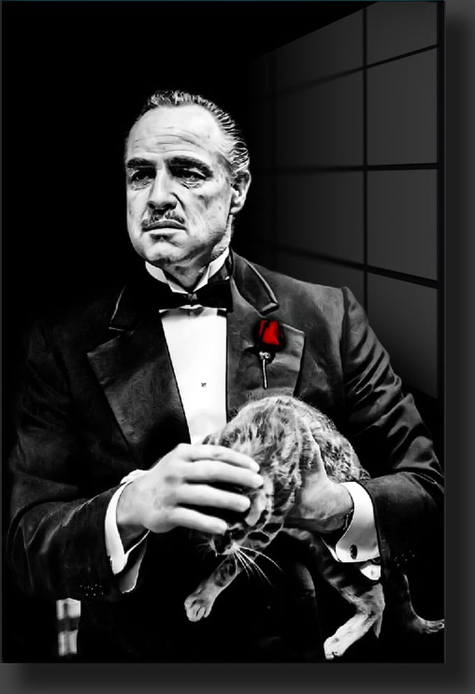 Godfather met kat schilderij op plexiglas 60x90cm