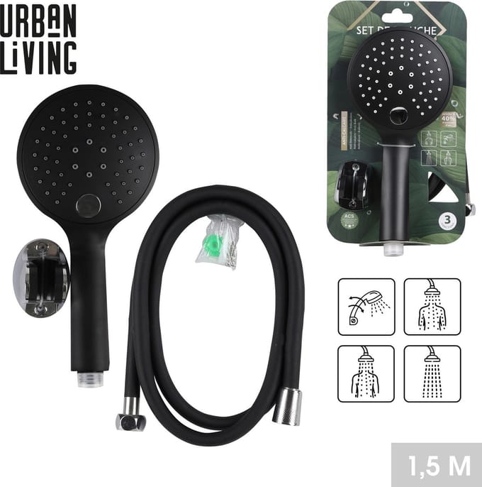 Urban Living basic douchekop - 3 functies - met doucheslang 150 cm - zwart - kunststof/metaal