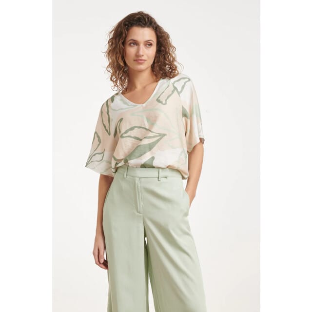 Smashed Lemon Smashed Lemon Losse Top Met Groene En Beige Bladprint En V-Hals | Soft Green - Muticolour maat XS