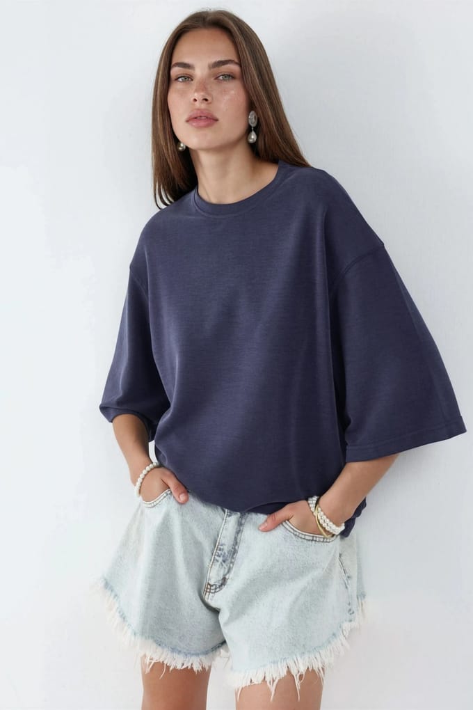 Oversized Geribde Korte Blouse met Ronde Hals