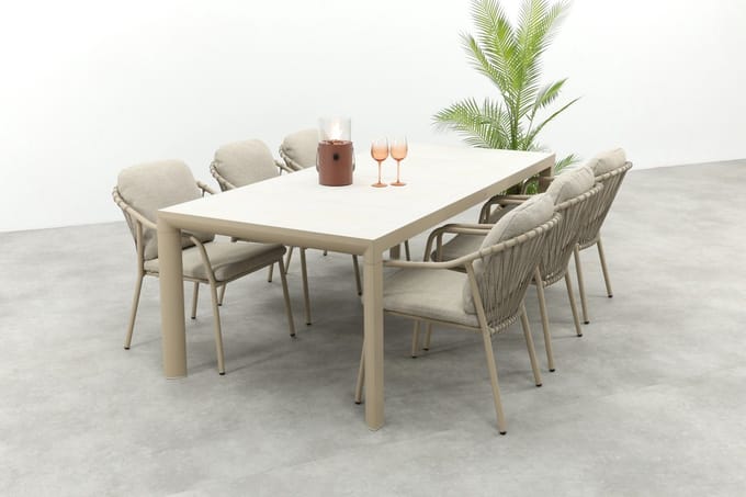 Pisa/Kings rope tuinset voor 6 personen 220x100 cm. - Latte