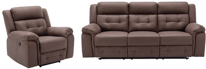 Vente-unique Elektrische driezitsrelaxbank en -fauteuil van bruin microvezel met verouderd leereffect ORTIANO