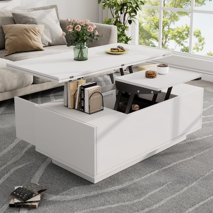 Modern salontafel - inklapbare tafel - met dubbele hefmechaniek - verborgen opbergruimte - wit