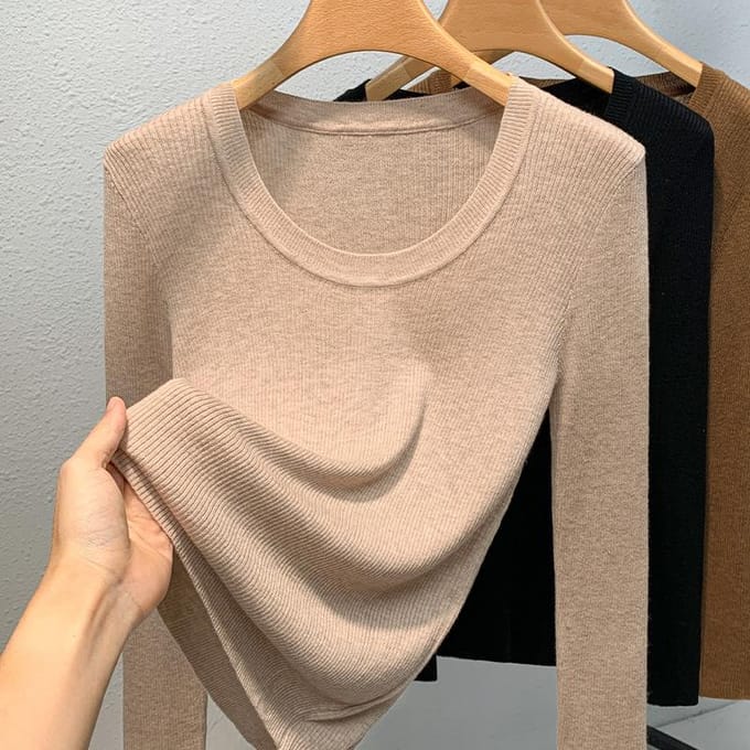 Pull Tricoté de Base pour Femme à Col Rond et Bord Large, Pull-Over, Couche Intérieure Élastique, Haut Cintrant la Taille 3XL chameau